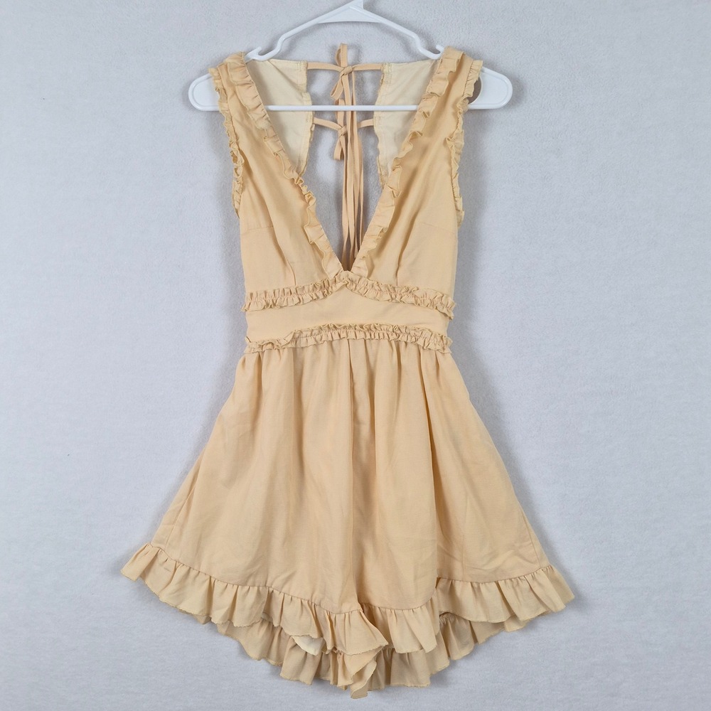 Peach Ruffle V-Neck Open Back Sleeveless Romper Sunsuit Cottage Feminine Small